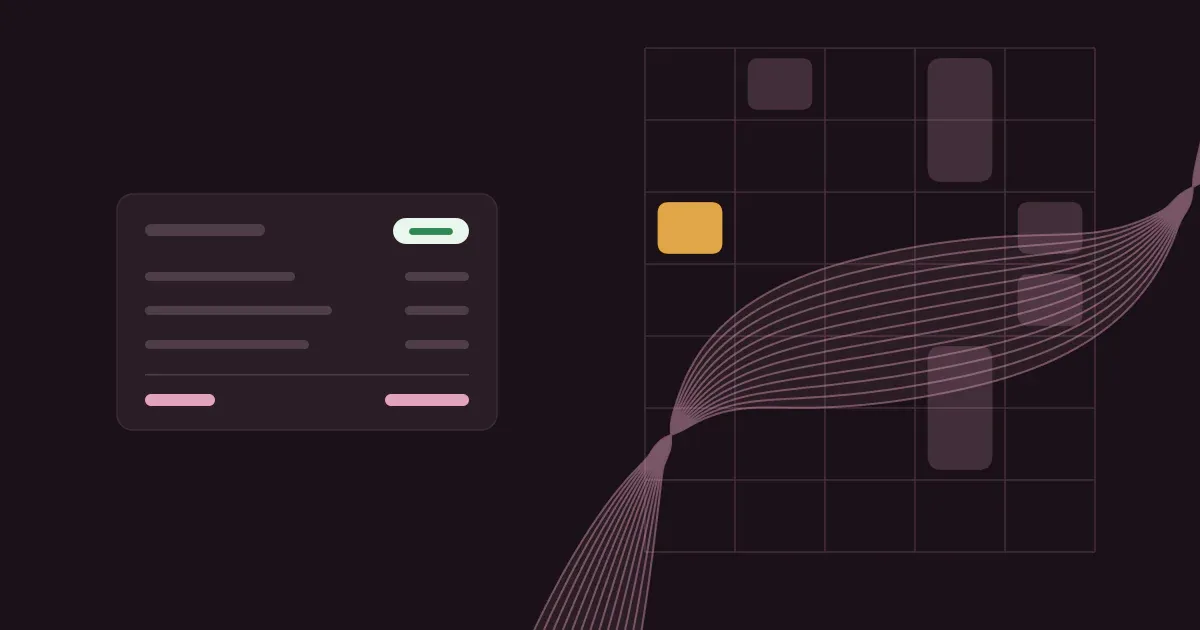 Abstract ribbon of fine lines crossing a faint weekly schedule grid in soft rose on a deep plum background with one saffron block, beside a flat invoice card marked paid.