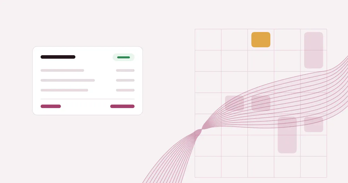 Abstract ribbon of fine lines crossing a faint weekly schedule grid in rose on a pale blush background with one saffron block, beside a flat invoice card marked paid.