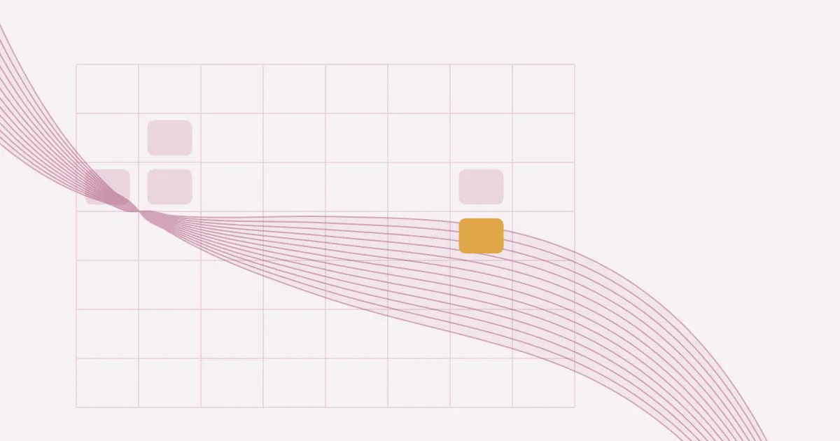 Abstract ribbon of fine lines crossing a faint weekly schedule grid in rose on a pale blush background with one saffron block.