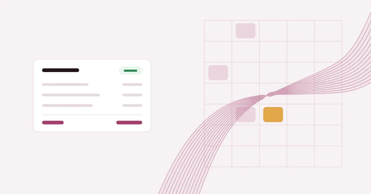 Abstract ribbon of fine lines crossing a faint weekly schedule grid in rose on a pale blush background with one saffron block, beside a flat invoice card marked paid.