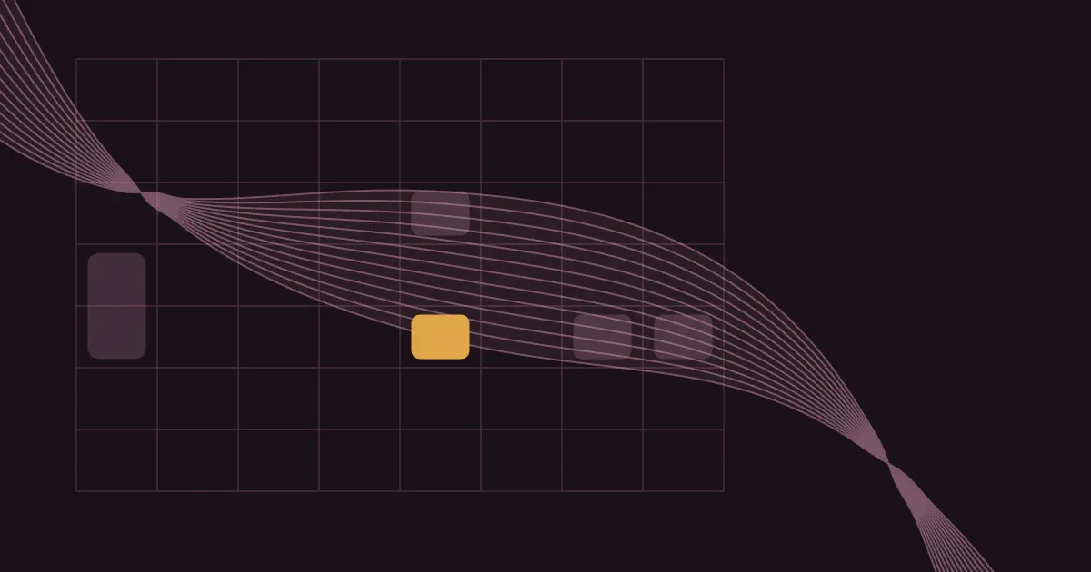 Abstract ribbon of fine lines crossing a faint weekly schedule grid in soft rose on a deep plum background with one saffron block.