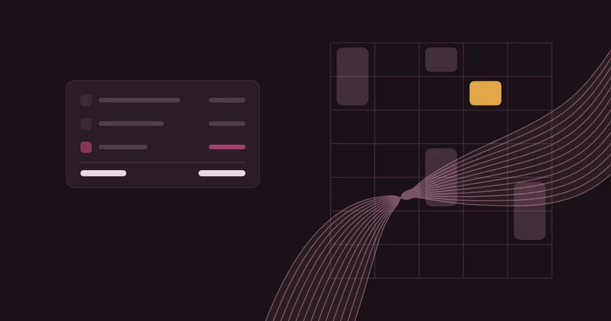 Abstract ribbon of fine lines crossing a faint weekly schedule grid in soft rose on a deep plum background with one saffron block, beside a flat teacher pay card with one deduction line.